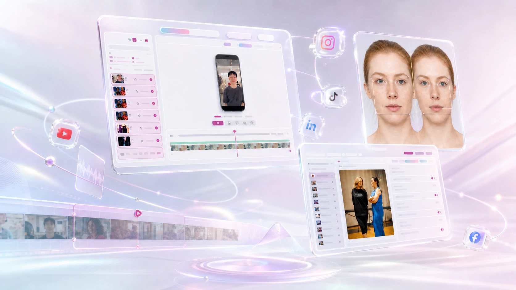 A cinematic spatial media workflow with floating Finalova interfaces, social platform outputs and a B/A Studio comparison